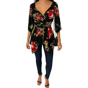 Cocomo Y2K Floral Asymmetrical Hem Blouse Black Red Green 3/4 Sleeve Size S